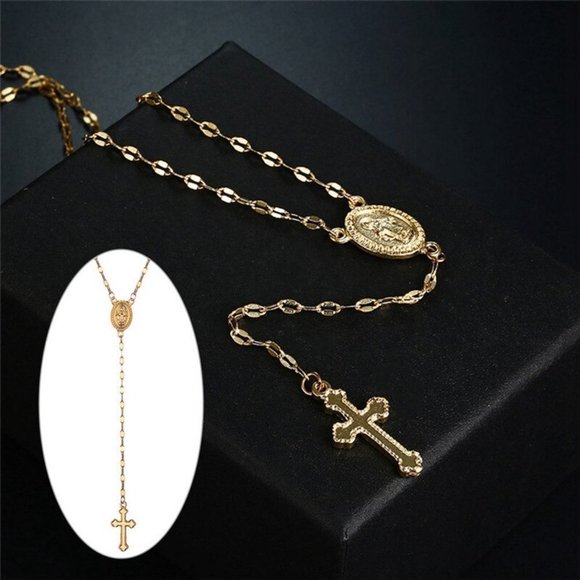 Rosary Rose Gold Cross Madonna Religious Catholic Christian Coin Necklace - Picture 7 of 10